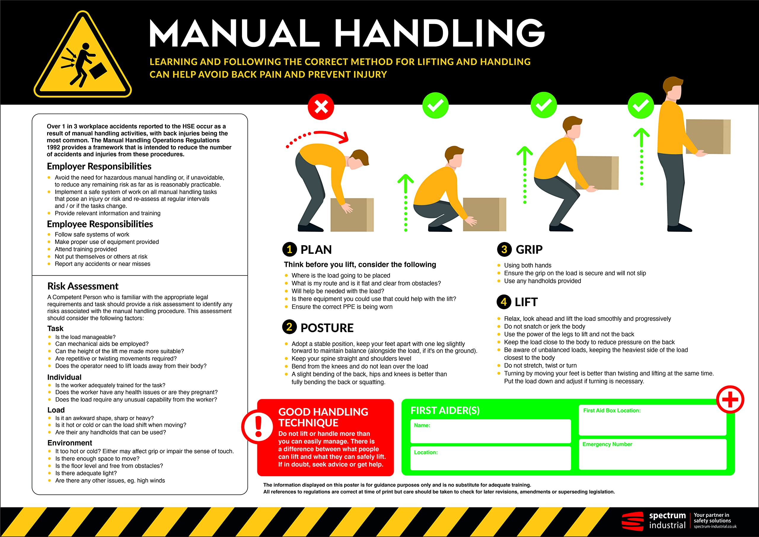 Manual Handling Safety Poster - A2 Anti-Scuff PVC | Workplace Lifting Technique Guide | Health & Safety Sign for Injury Prevention — image 1