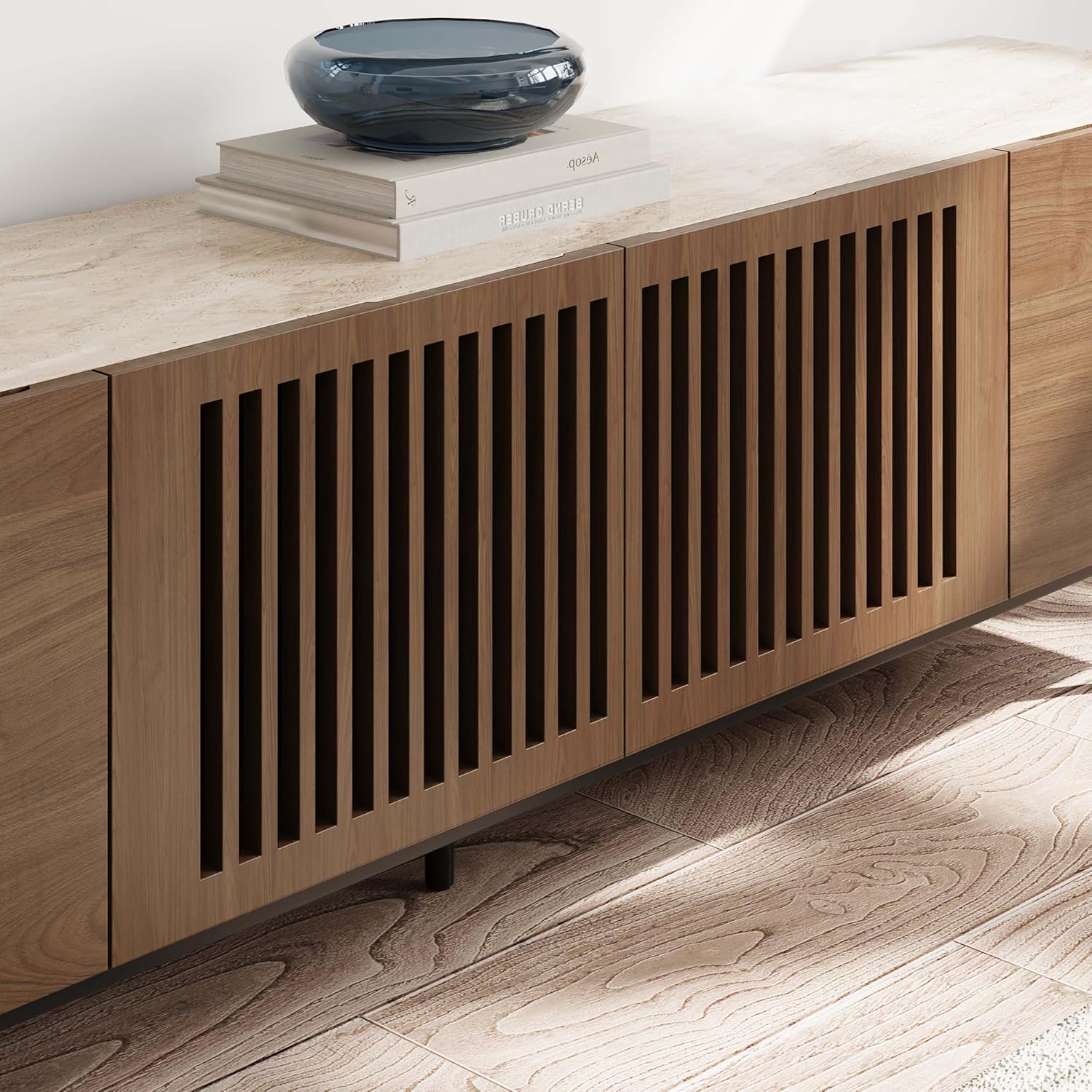 Close-up of the slatted doors on the POVISON TV stand