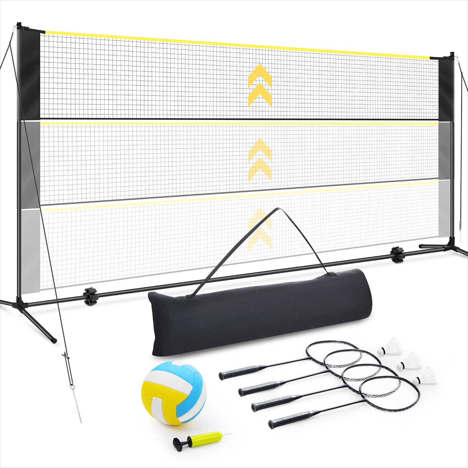 Filet de Badminton et Volleyball de 5.18M- Filet de Sport réglable en Hauteur extérieur avec poteaux, 4 Raquettes de Badminton, 3 Volants et 1 Volley-Ball pour arrière-Cour, Plage, Jardin