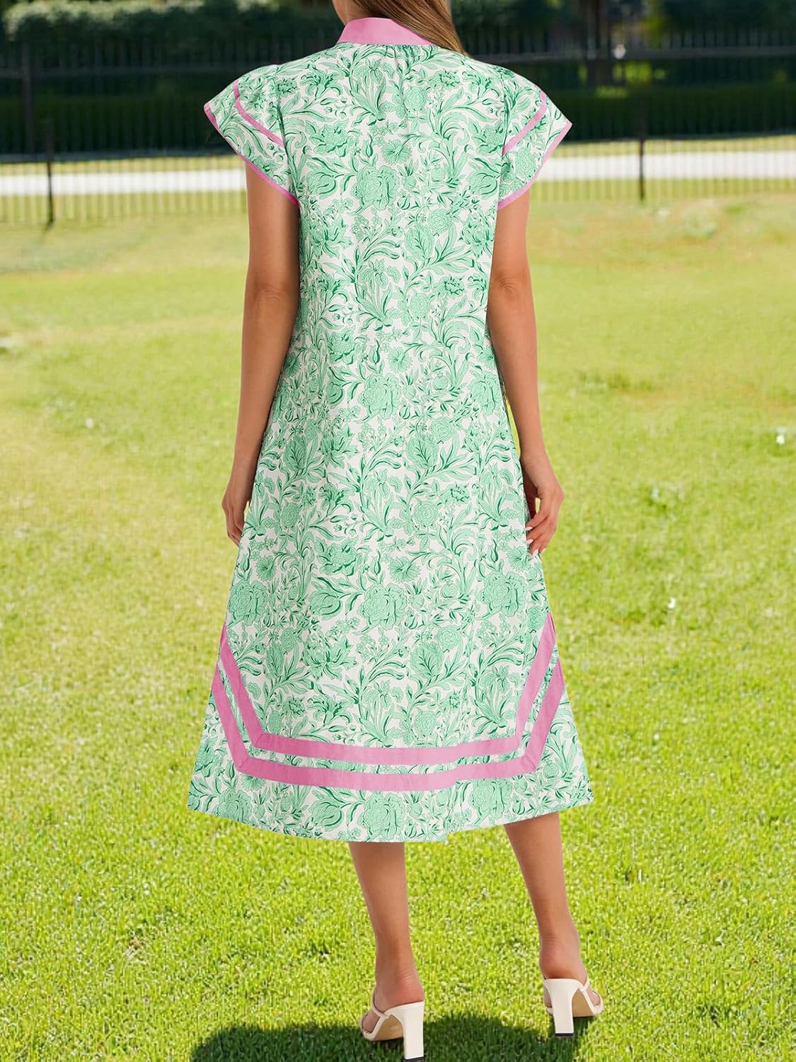 Wenrine Womens Summer Floral Maxi Dress Casual Short Cap Sleeve V Neck Color Block Side Slit Loose Boho Beach Dresses - Image 5