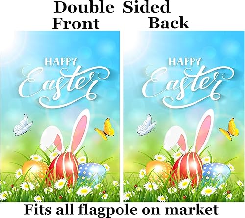 Miniatura 2 de ShineSnow Bandera de feliz Pascua con orejas de conejo, mariposas, huevos coloridos, hierba, flores, margaritas, primavera, jardín, patio, 12 x 18