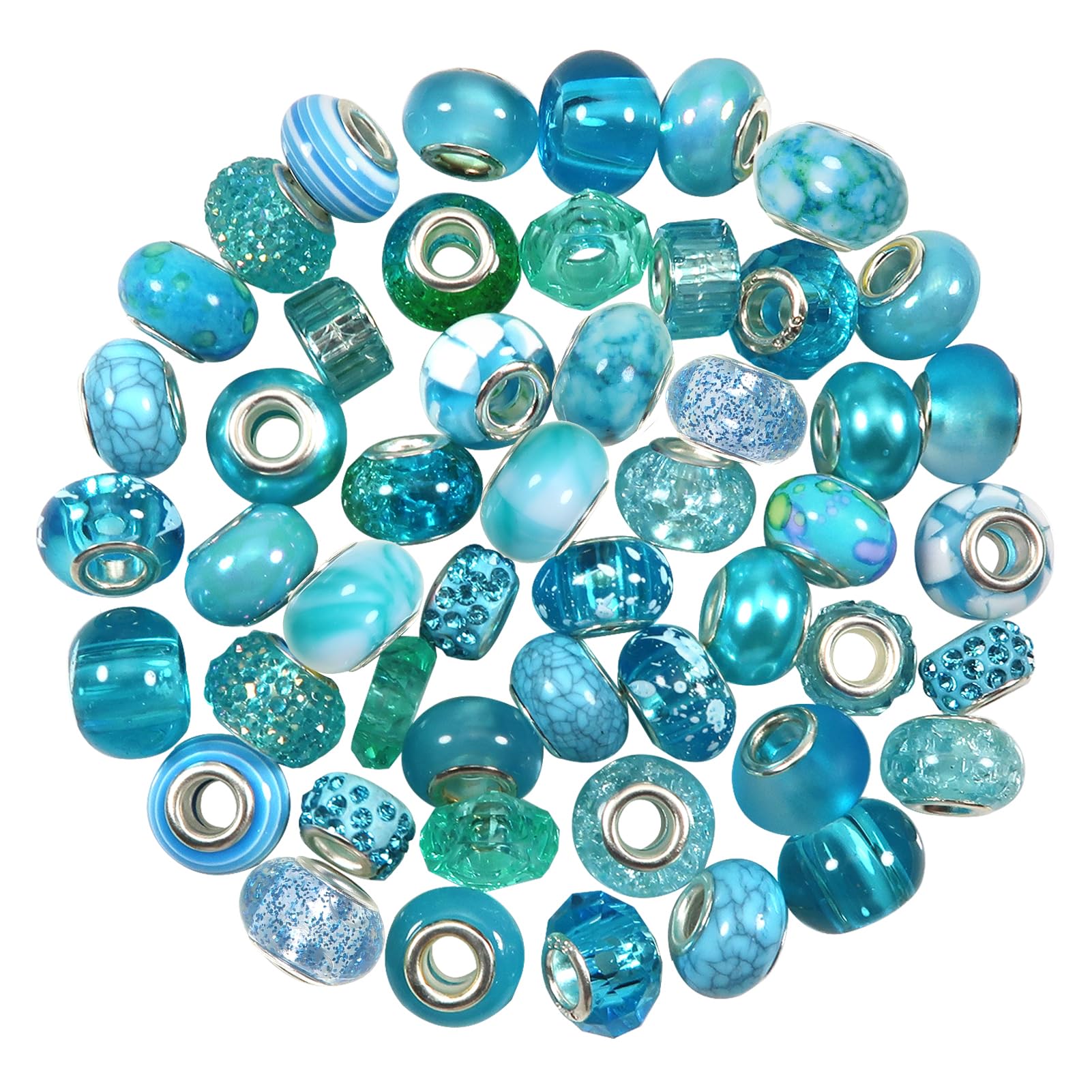 TOAOB 50pcs Assorted Resin European Blue Large Hole Lampwork Spacer Rhinestone Craft Beads for DIY Charms Bracelet Jewelry Making