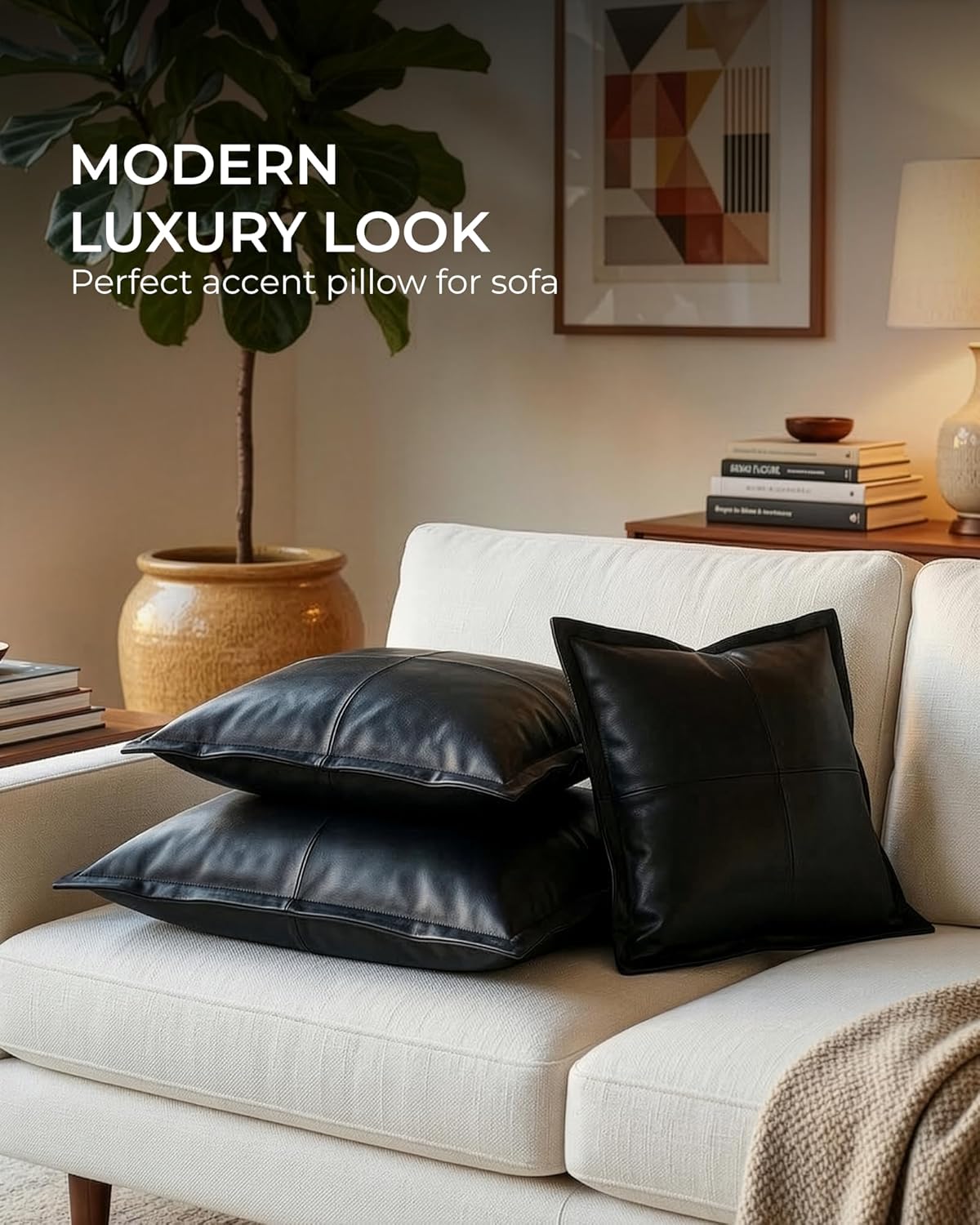 Lambskin Black Leather Pillow Cover 14x14 Inch - Decorative Throw Covers for Office, Living Room and Bedroom, Sofa Cushion Cover