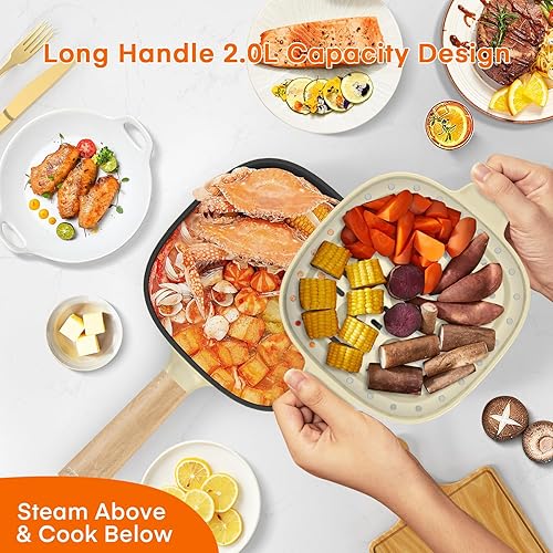 Vista 21 de Audecook Hot Pot - Sartén eléctrica antiadherente de 2 litros, esmalte cerámico de 8 pulgadas, cocina de viaje portátil para ramen/bistec/arroz G