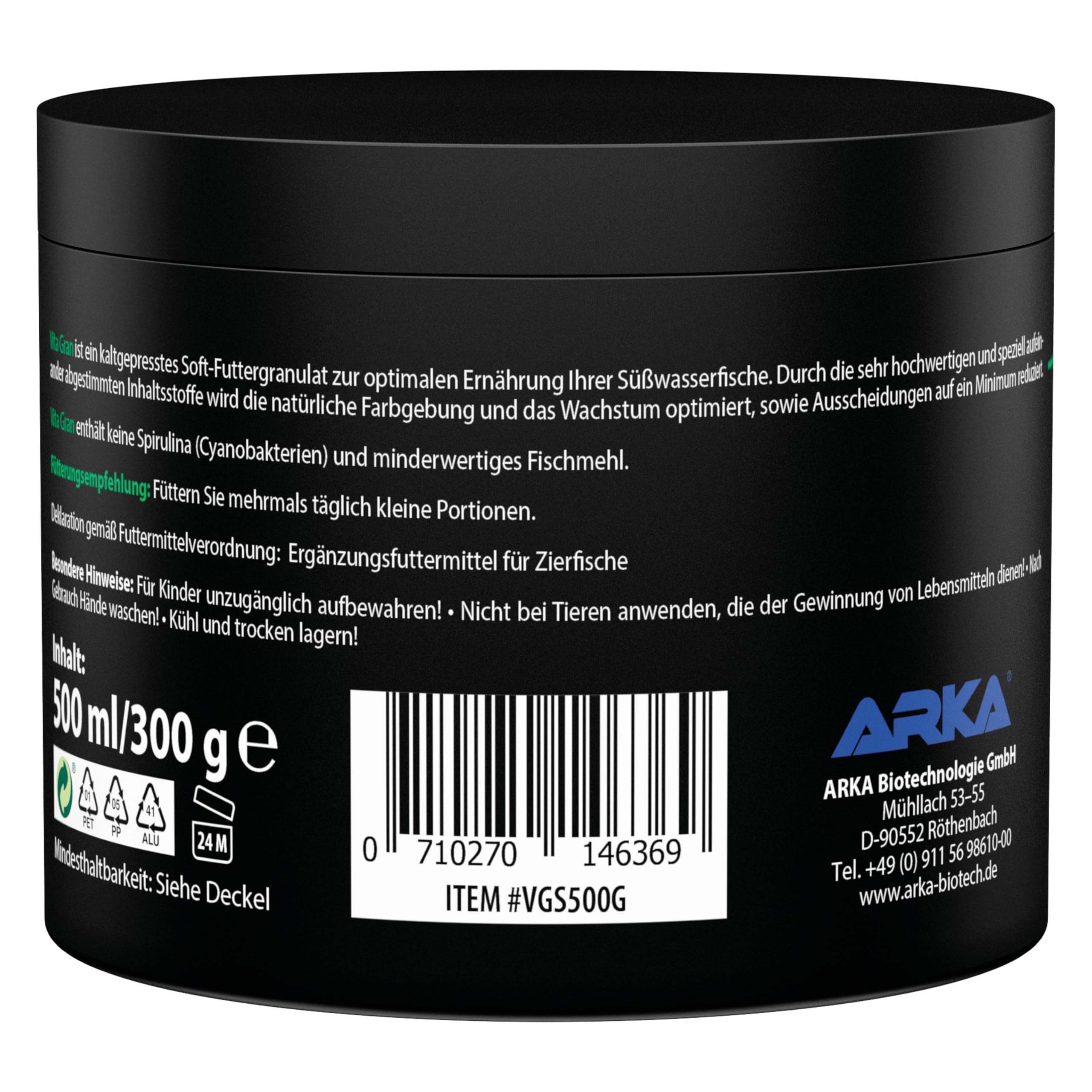 Fischfutter Granulat 500 ml / 300 g – kaltgepresstes Soft-Granulat für Süßwasserfische – für Vitalität, gesundes Wachstum & lebendige Farben – ARKA Vita Gran