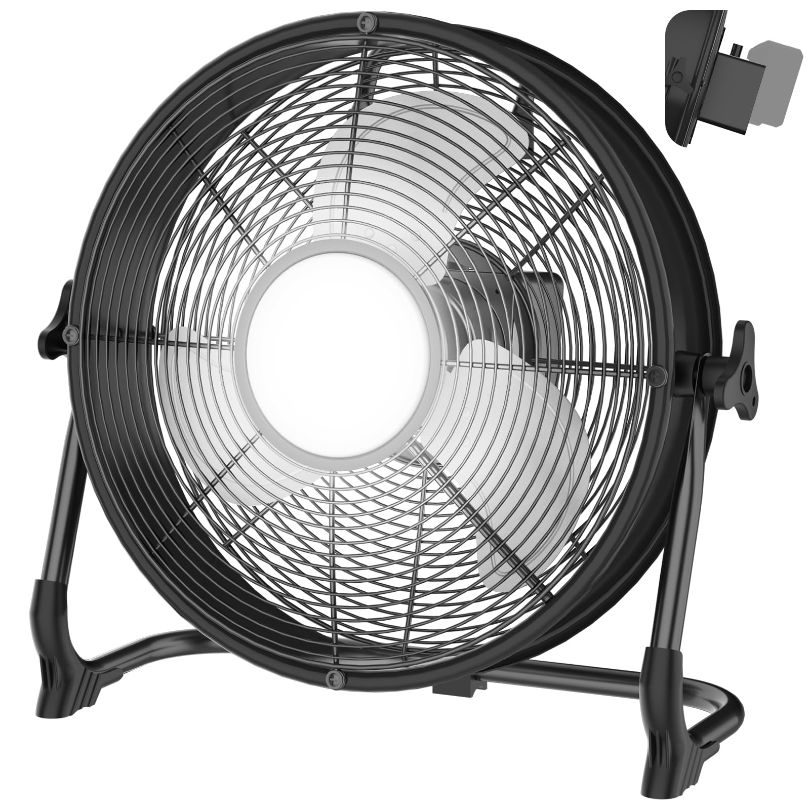 Photo 1 of 12" Battery Operated Floor Fan with Light Compatible with Milwaukee M18 18V Battery, Portable Fan with AC Adapter and USB Output, Metal High Velocity, Stepless Speed Cordless Fan for Jobsite Camping