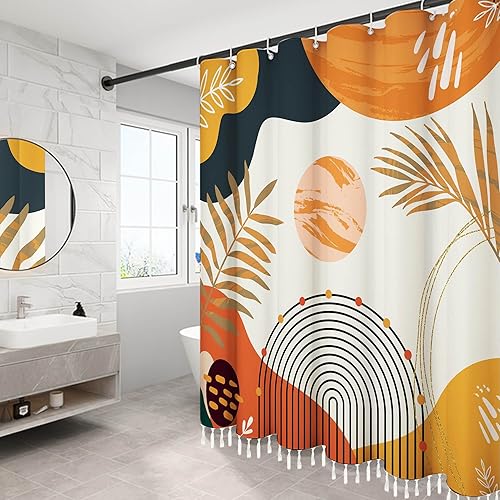 Juego de cortinas de ducha de tela de 72 x 78 pulgadas, estilo bohemio, estilo arcilla, abstracto, marrón, beige, arco, sol, hojas modernas, cortina