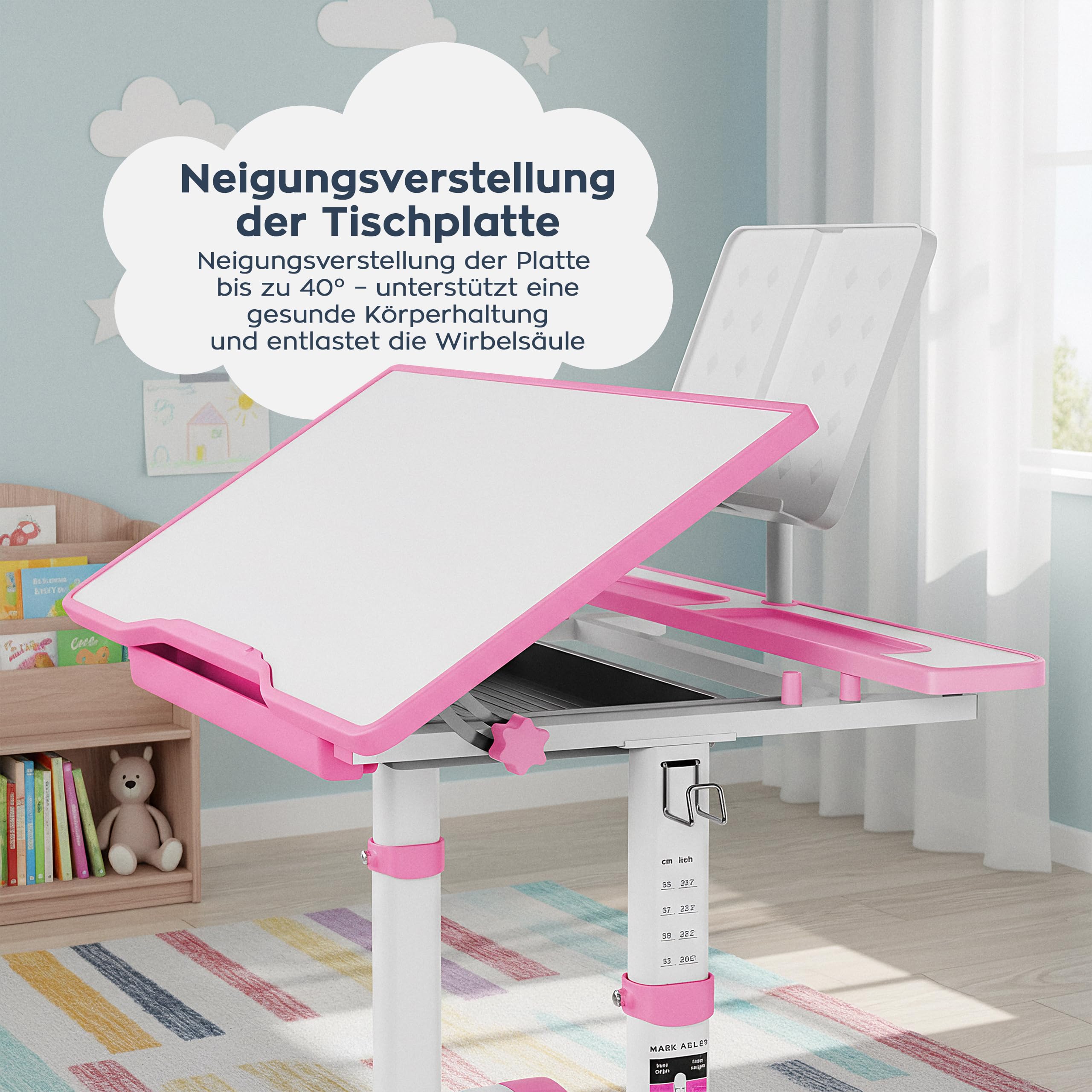 MARK ADLER Study 3.0 Kinderschreibtisch - Höhenverstellbar 54-76 cm - Schreibtisch Kinder ab 6 Jahren - Neigbare Tischplatte - mit Schublade und Buchständer - Ergonomisch zum Lernen - Rosa