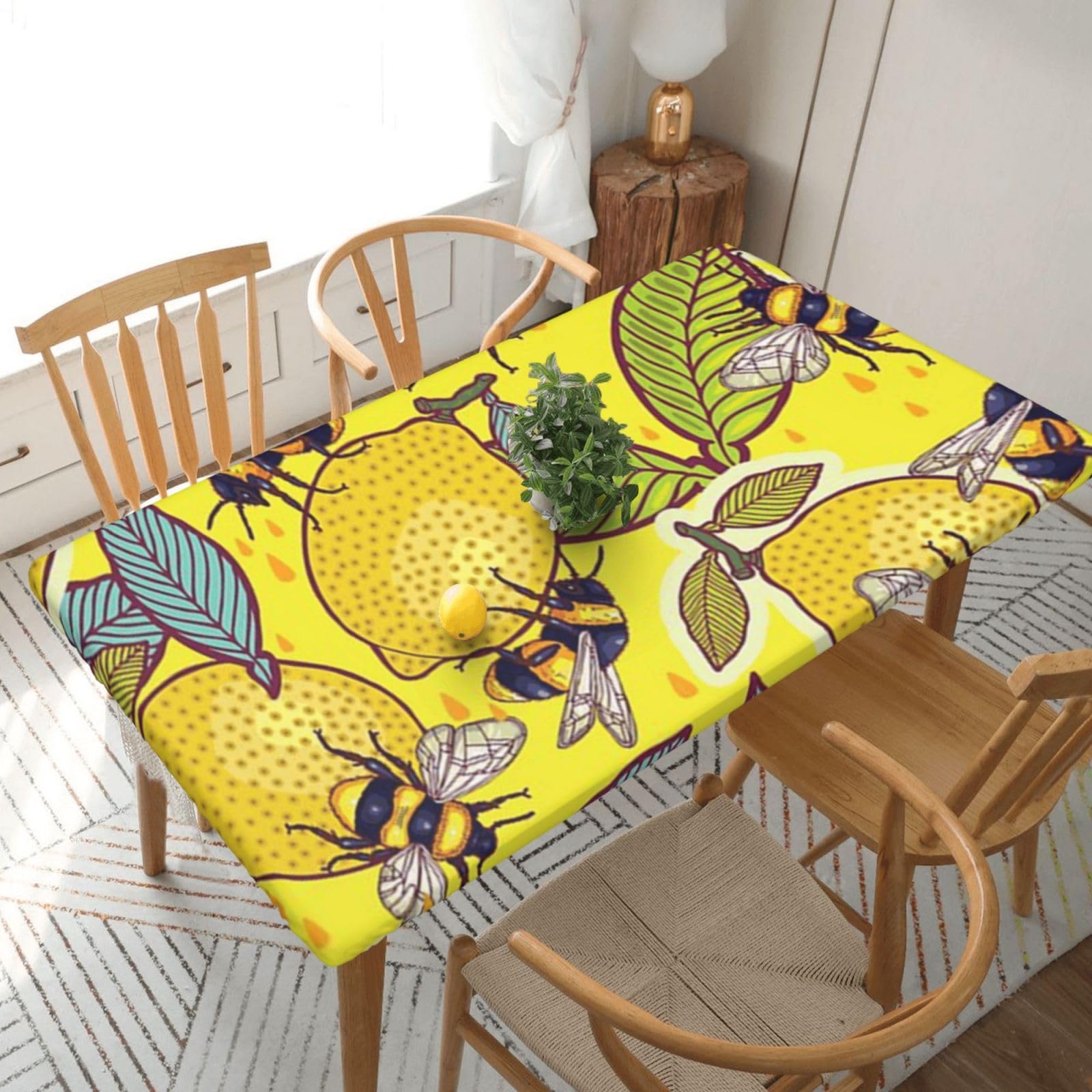 BNVSADC Yellow Lemon and Bee Printed 5FT Tablecloth Polyester Kitchen Water Resistant Table Cloth Dining Table Decoration Table Covers, 152x76 CM
