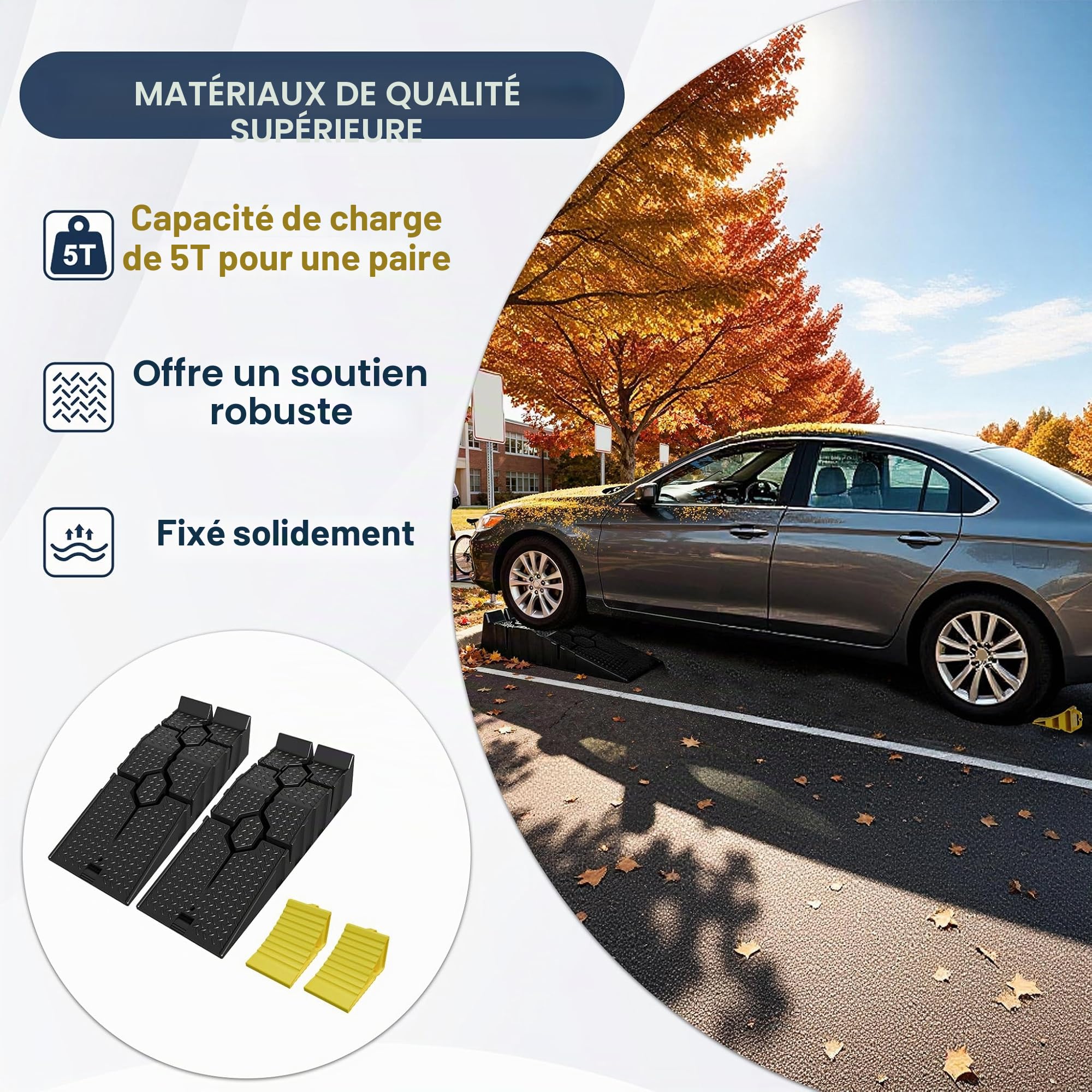 LZQ Lot de 2 rampes en plastique pour voitures, rampes de chargement à charge lourde + Lot de 2 cale-roues, cales de frein pour voitures, camping-cars, remorques, jaune