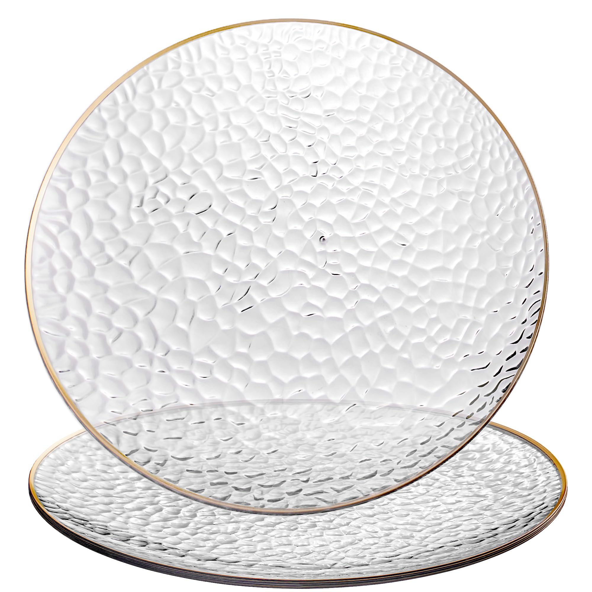 Photo 1 of [Clear Hammered With Gold Rim 4 Pack] 13'' Charger Plates Clear Hammered With Gold Rim Plastic Heavy Duty Disposable Dinner Chargers Serveware Dishes Platters Tableware for parties, Weddings