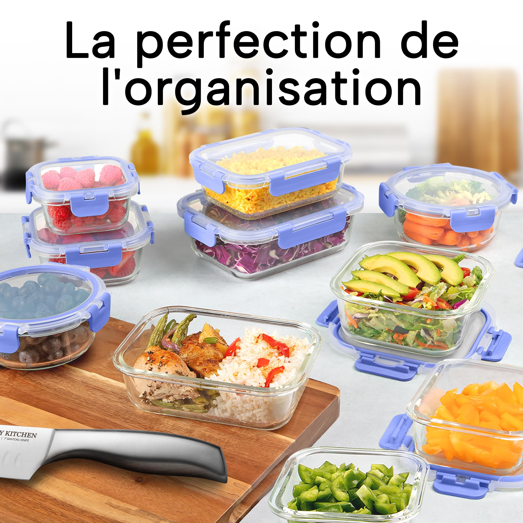 Zulay Lot de 12 boîtes de conservation alimentaire en verre avec couvercles – Verre borosilicate durable, hermétique, sans BPA, empilables, passent au micro-ondes, pervenche