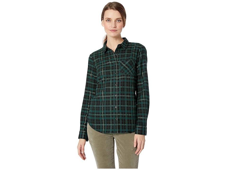 

ALEXANDER JORDAN Long Sleeve One-Pocket High-Low Flannel Plaid Shirt (Green/Black) Women's Clothing