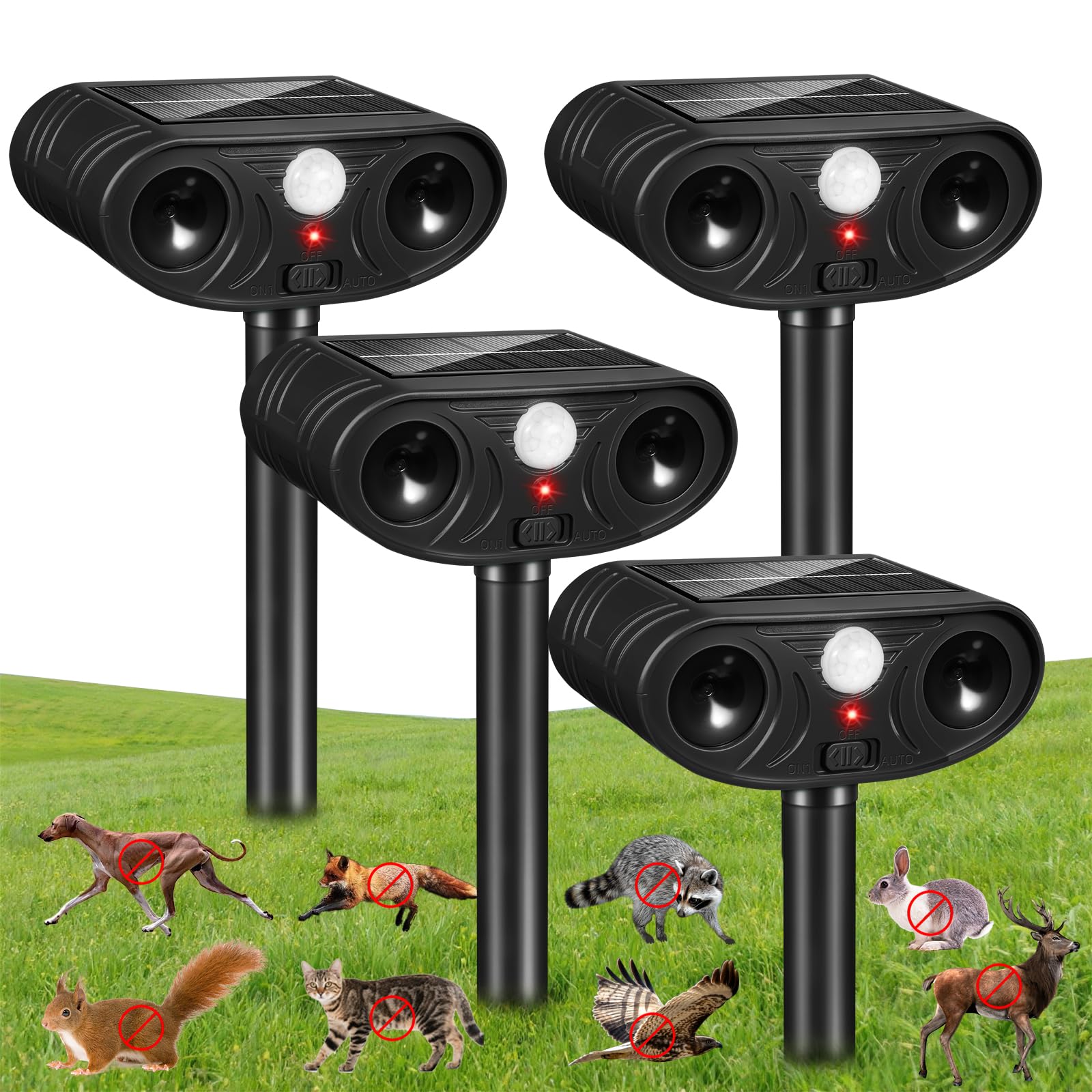Photo 1 of 2026 Upgraded Solar Ultrasonic Animal Repellent, 4 Pack IP65 Waterproof Sonic Deer Deterrent, Motion Activated Outdoor Repeller to Keep Cats, Squirrels, Raccoons, Skunks & Dogs Away from Garden, Yard