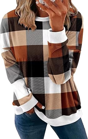 KISSMODA Women's Casual Long Sleeve Sweatshirt Color Block/Solid Crewneck Corduroy Pullover Cute Tops