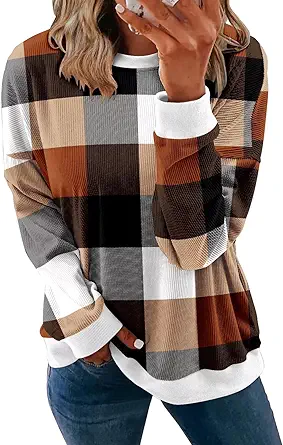 KISSMODA Women's Casual Long Sleeve Sweatshirt Color Block/Solid Crewneck Corduroy Pullover Cute Tops