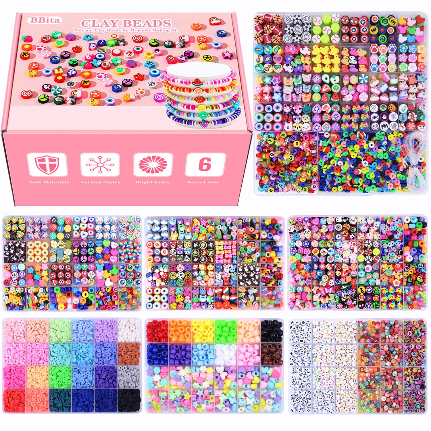 10000PCS Gift Set Plus 2480pcs Beads Polymer Clay Beads Bracelet Making kit, Cute Fun Beads Fruit Flower Animal Cake Butterfly Heart Beads Charms for Jewelry Earring Making