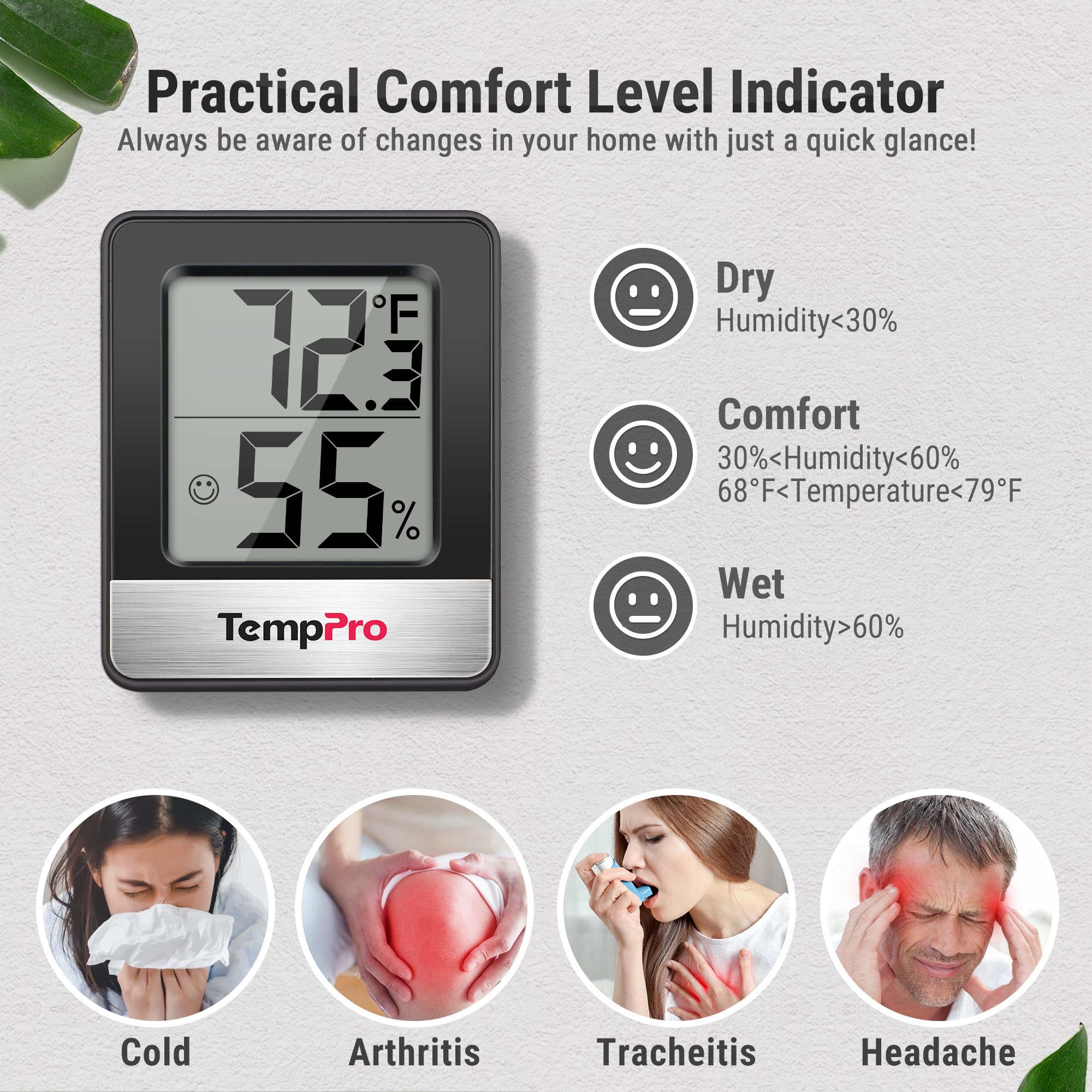 ThermoPro TP49B Hygrometer Temperature Sensor with Large Digital View Humidity Meter with Temperature and Humidity Sensor Room Thermometer for Baby Humidity Monitor for Greenhouse Cellar Garage - 3