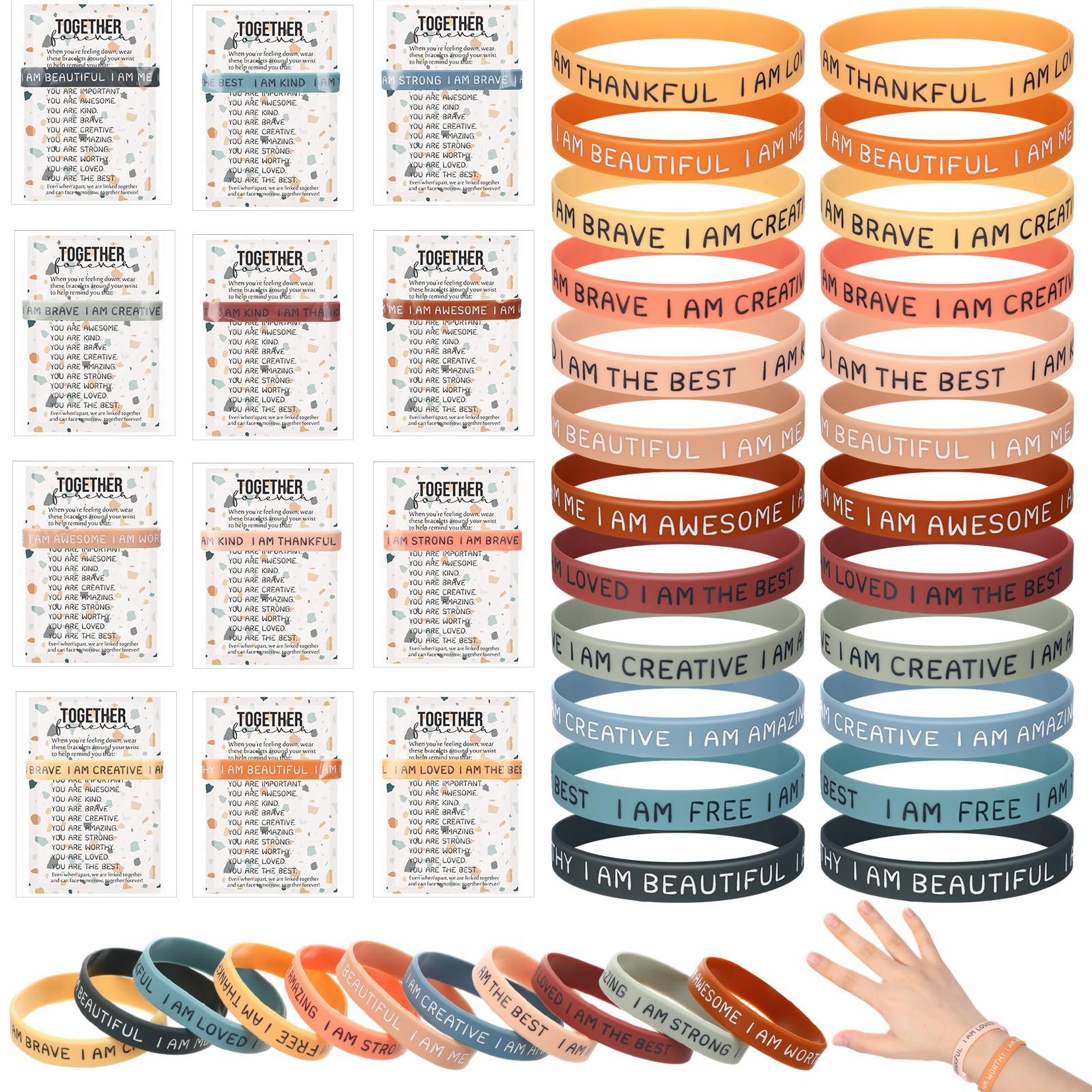 HyDren 36 Sets Motivational Silicon Bracelets with Inspirational Cards Opp Bags Affirmation Rubber Wristbands(Dark Color)