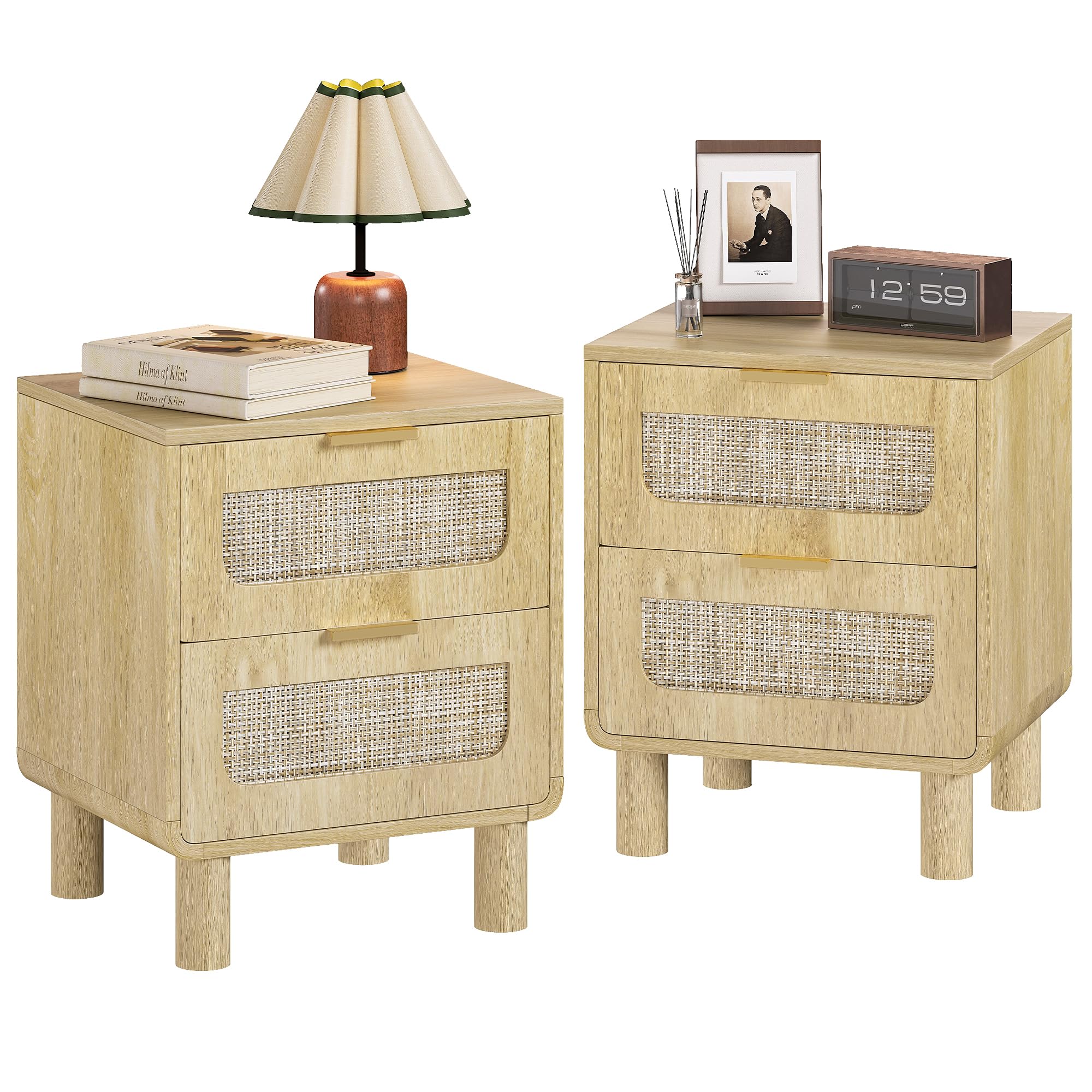 LAZZO Set of 2 Nightstands Wooden Night Stands with Rattan Drawers Home Bedside End Table for Bedroom