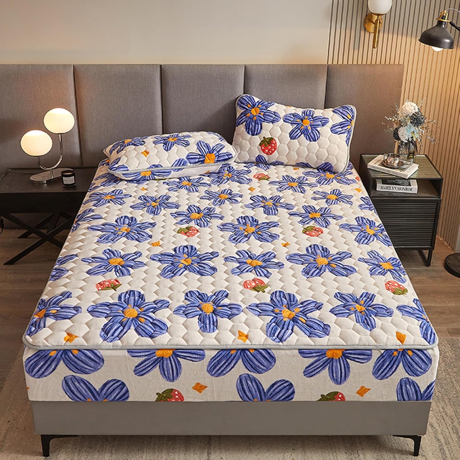 Milk Velvet Checkered Fitted Sheet Mattress Cover, Warm Thicken Mattress Protector Super Soft Bed Cover with Pillowcase Washable 15'' Deep Pocket Mattress Pad,B,Cal King: 200 * 220cm — image 1