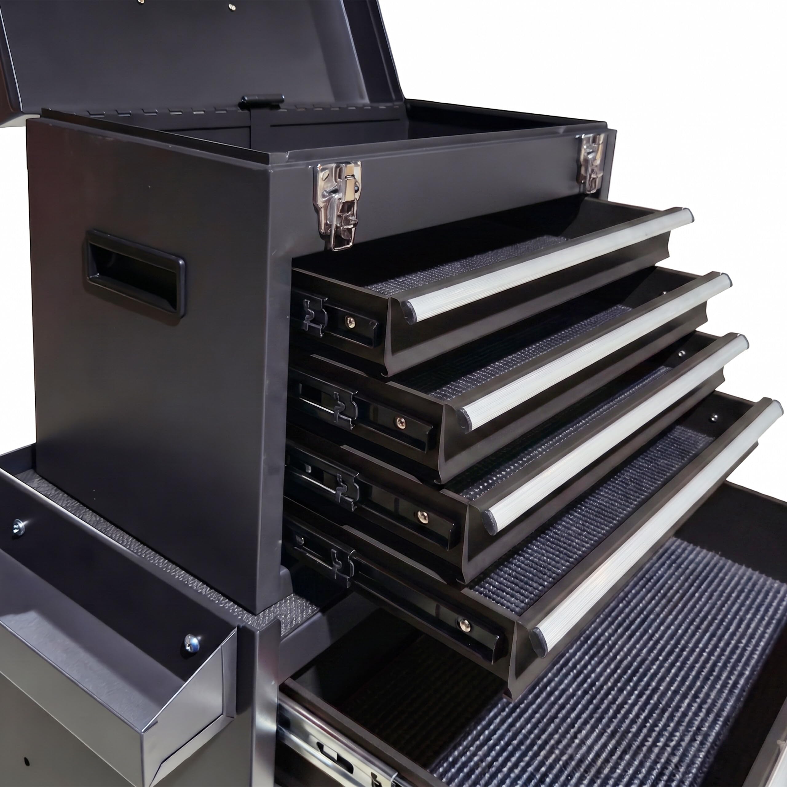 Relaxdays Carrello Officina con 5 cassetti, cassettino Superiore, Chiave, Ruote, Acciaio Nero 104x59,5x28 cm