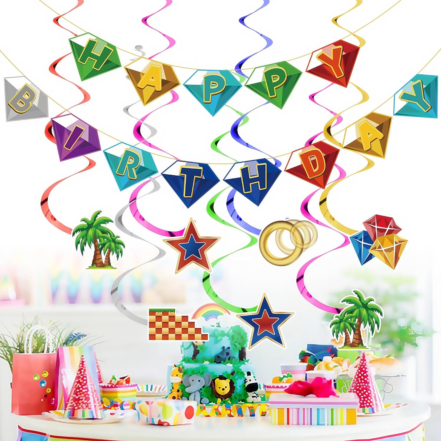 Happy Birthday Banner Decorations, hedgehog themed Banner and Hanging Swirls, Perfect for Birthday Baby and Kids Party Supplies