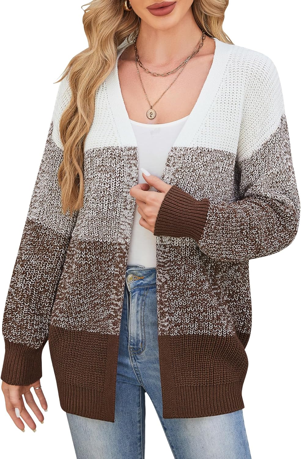 Women's Color Block Cardigan Sweater Oversized Knit Cardigans Sweaters Long Sleeve Open Front Fall Outfits