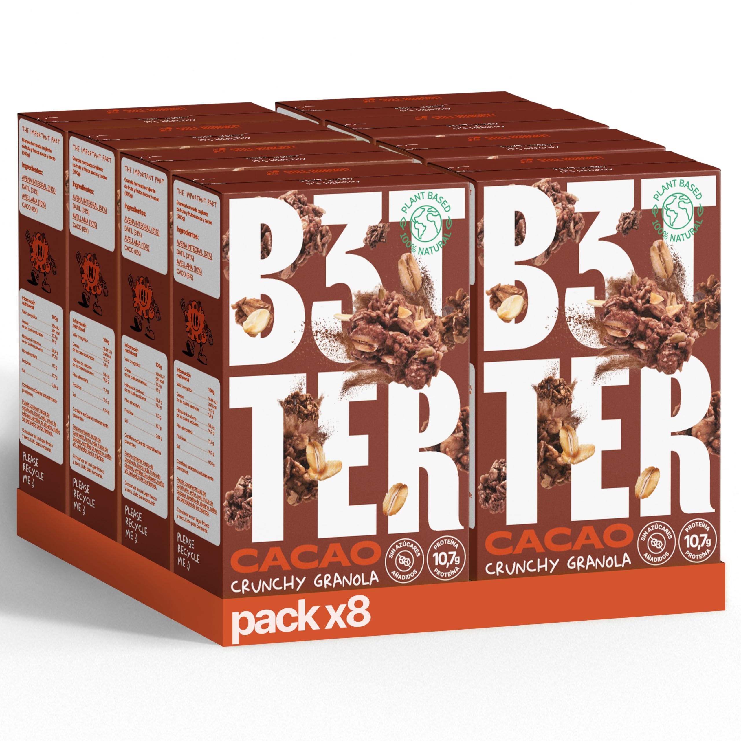 Granola B3TTER Cacao Crunchy Pack 8 x 300 g – Granola Sin Azúcar Añadido 100% Natural - Proteinas Vegetales - Cereales Integrales, Dátiles, Avellanas, Almendras - Rica en Fibra