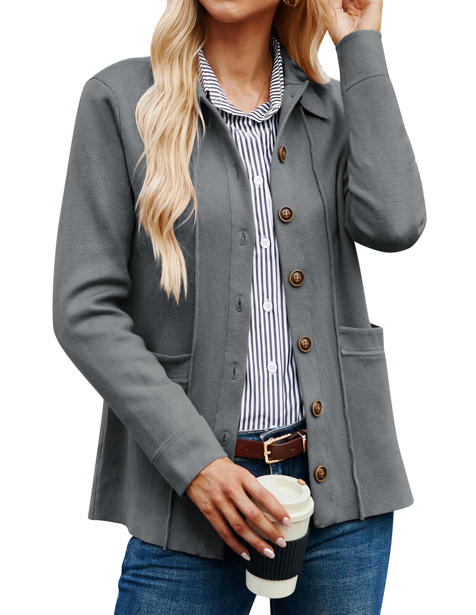 GRACE KARIN Maglione da Donna con Risvolto Cardigan Manica Lunga Button Down Maglione Classico con Tasche