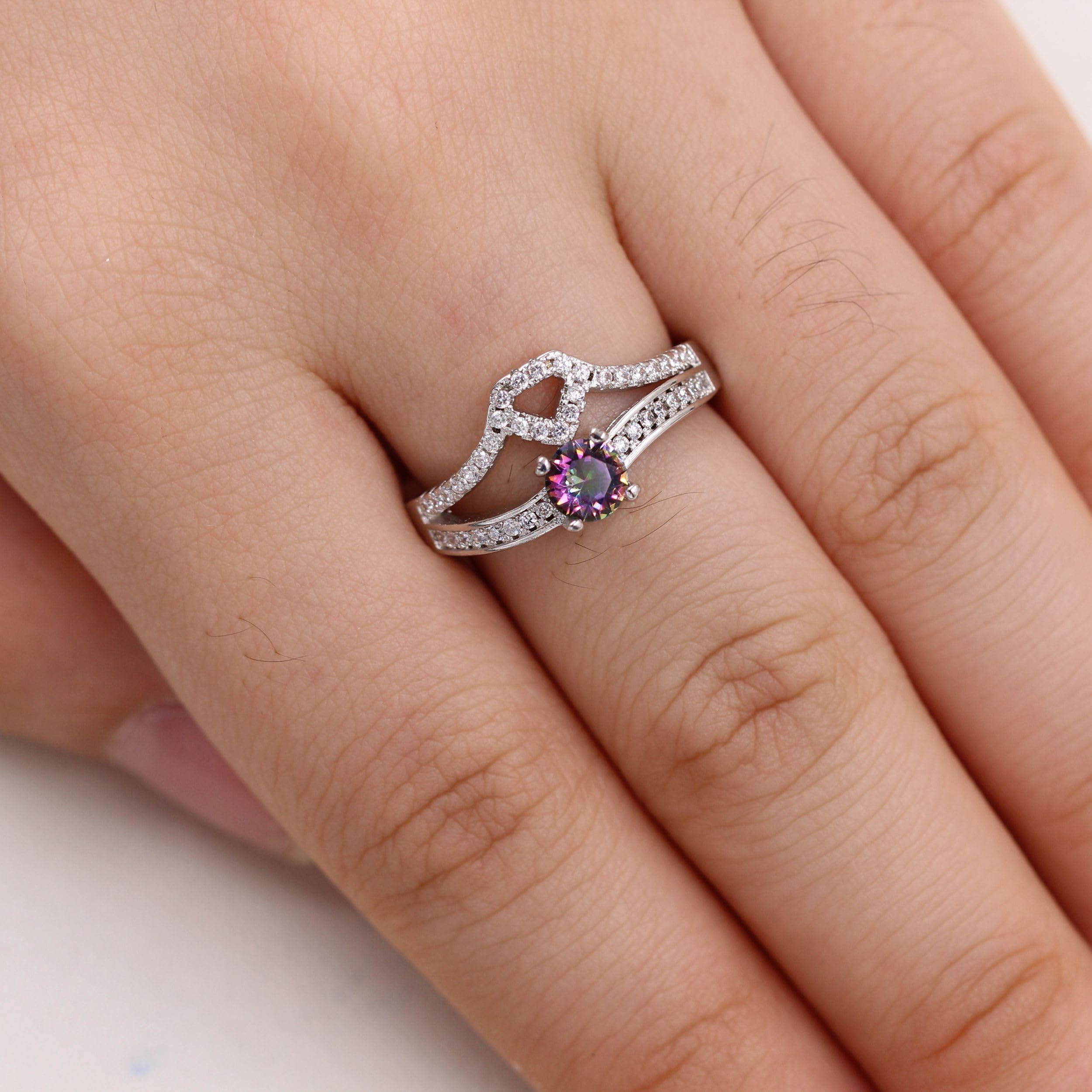 Double-Layer Diamond Shape Crown Rings | Micro Pave Cubic Zirconia Wedding, Engagement, and Anniversary Jewelry for Women | Available in Light Blue, Yellow, Purple, Multicolor, Pink, and Olive Green