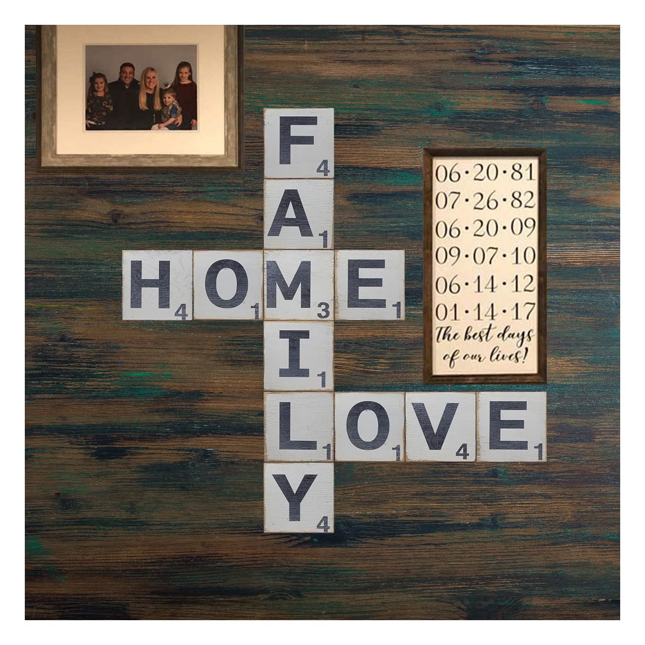 Large Rustic Letters Compatible with Scrabble Modern Farmhouse Country Wall Décor Family Home Love Tile Set – Wall Hanging Tiles for Living Family Bedroom - Printed Image Affixed to 5
