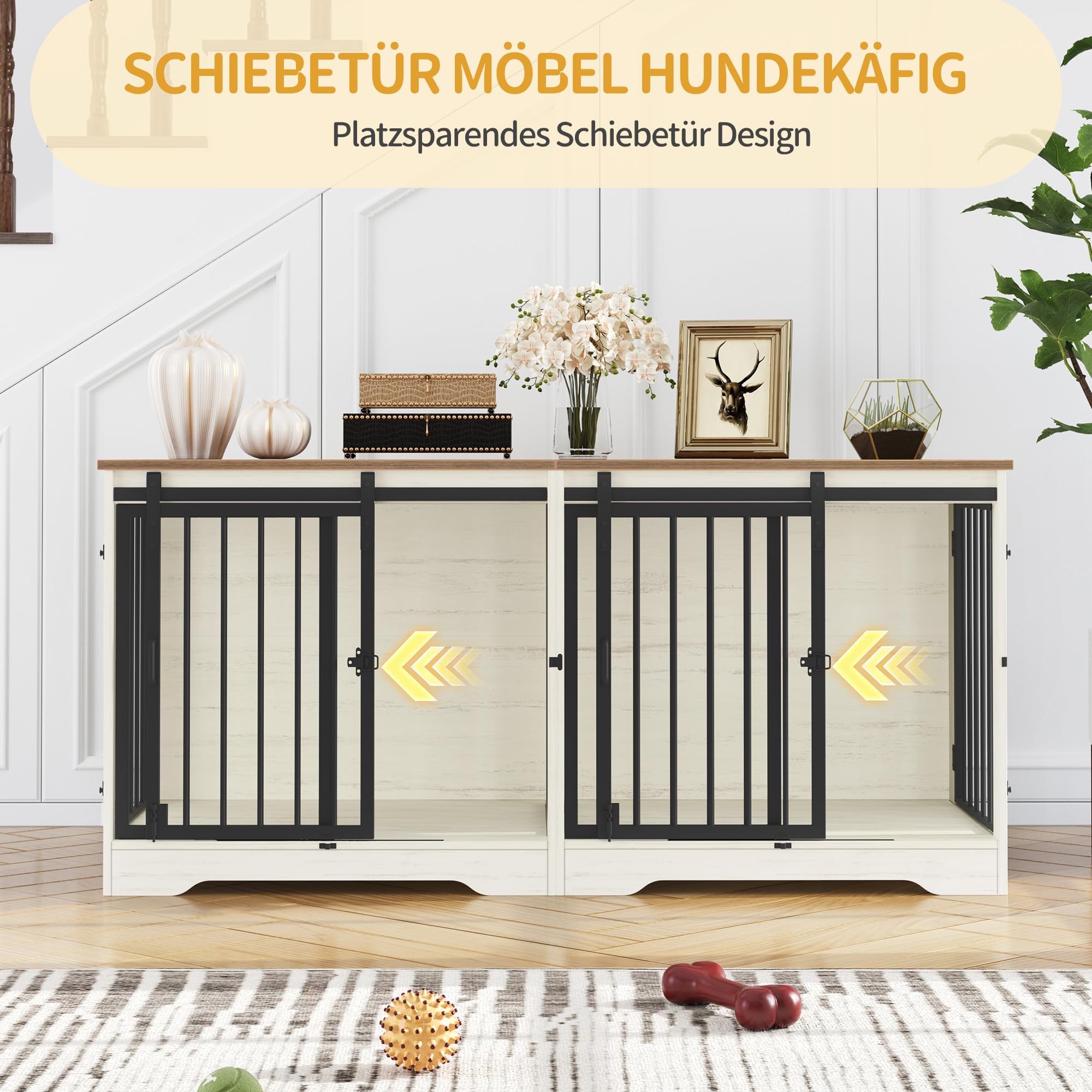Hzuaneri Hundekäfig Möbel für 2 Hunde, Doppel-Hundekäfig mit Trennwand, Robuste Hundebox aus Holz, Hundekäfige mit Scheunentür, TV-Ständer-Design für Kleine bis Mittelgroße Hunde, Weiß Braun DFC88314B