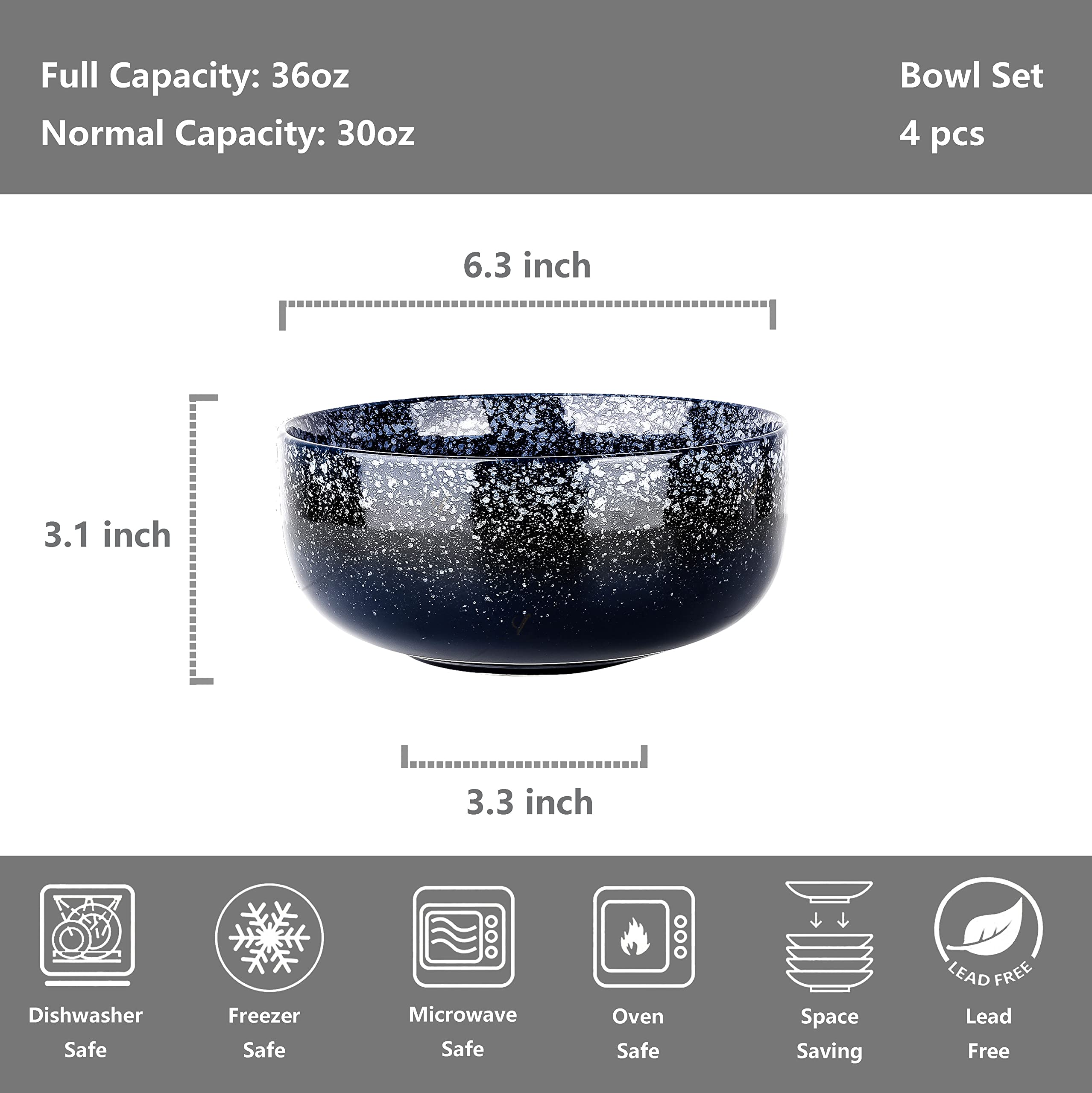 S&Q'S CERAMICS Schüssel 4er Set, 1020.6 g Küchenschalen für Suppe, großes Müsli, Frühstück, Haferflocken, mikrowellen- und spülmaschinenfest, [4er-Set] (Marineblau)