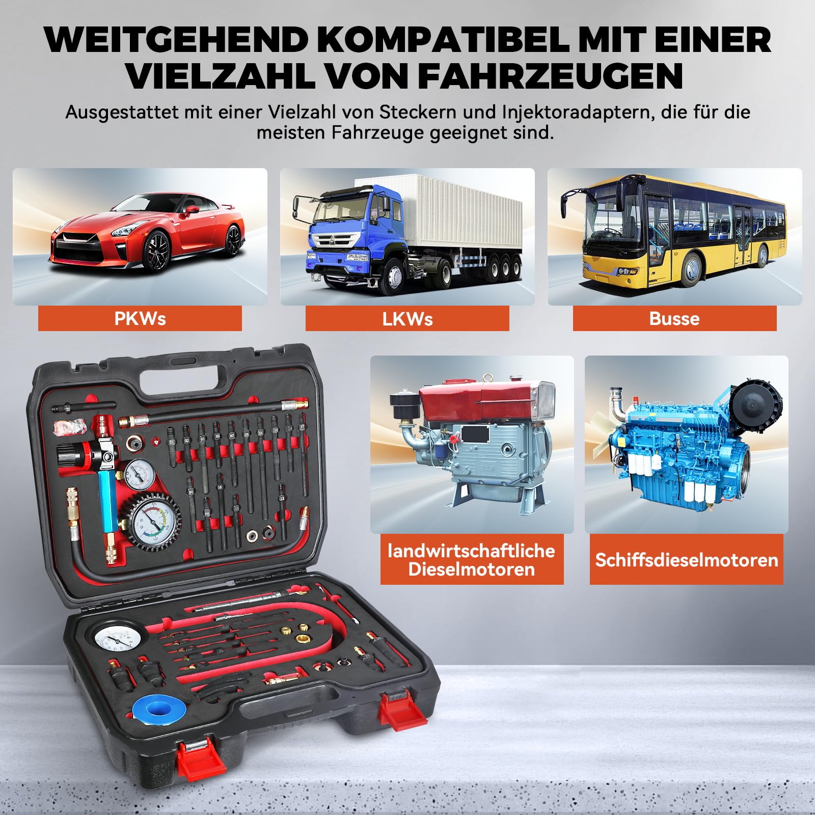 46-tlg Profi Kompressionstester Satz KFZ Druckverlustprüfer Motoren Prüfer kompatibel mit Diesel- und Benzinmotoren, Kompressionsprüfer mit Adapter für PKW, LKW, Motorräder