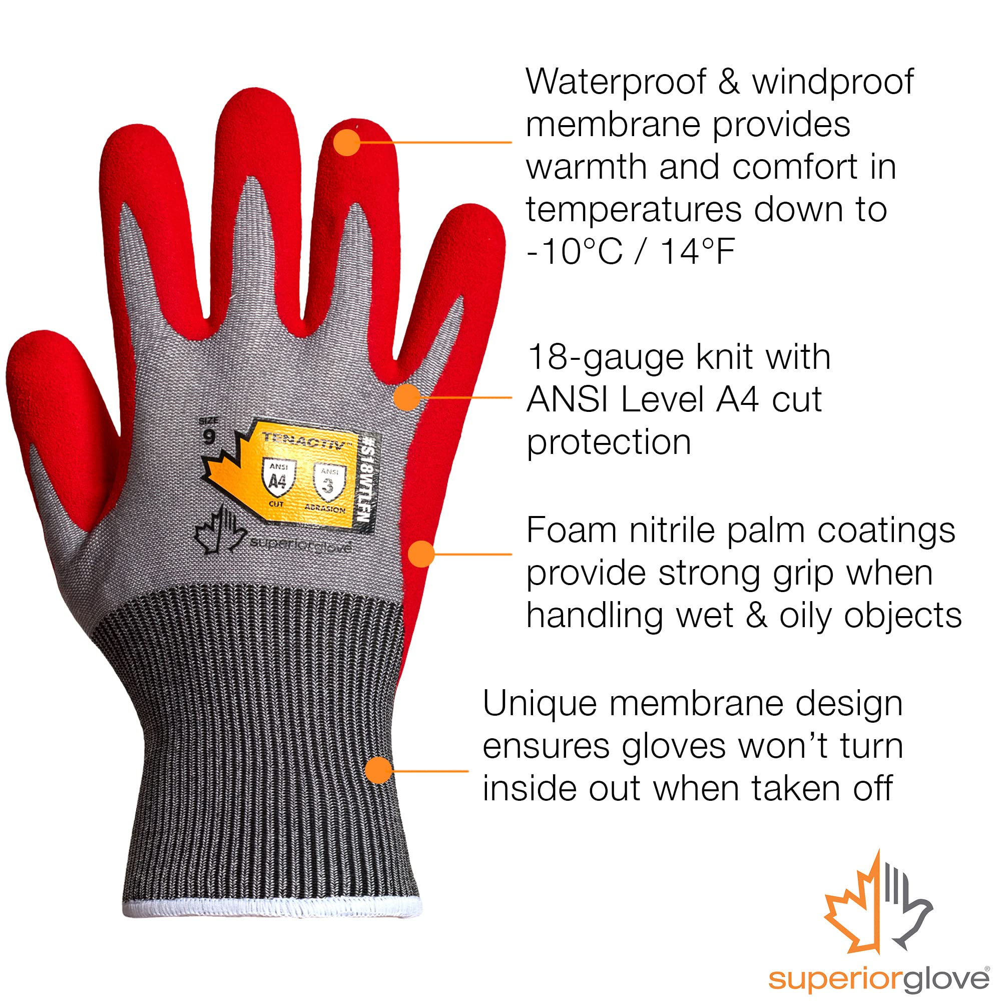Superior Glove Guantes de trabajo de invierno impermeables, palmas de nitrilo aisladas de fuerte agarre, resistencia a pinchazos, talla L (paquete de 1 par)