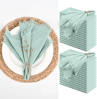 30 Packs Cotton Linen Napkins,Handmade Cloth Napkins Bulk with Fringe, Rustic Boho Napkins Cloth,Cloth Napkins for Romantic Wedding Party Event Dinner Birthday Table Decor(Sage Green,16 x 16 Inch)