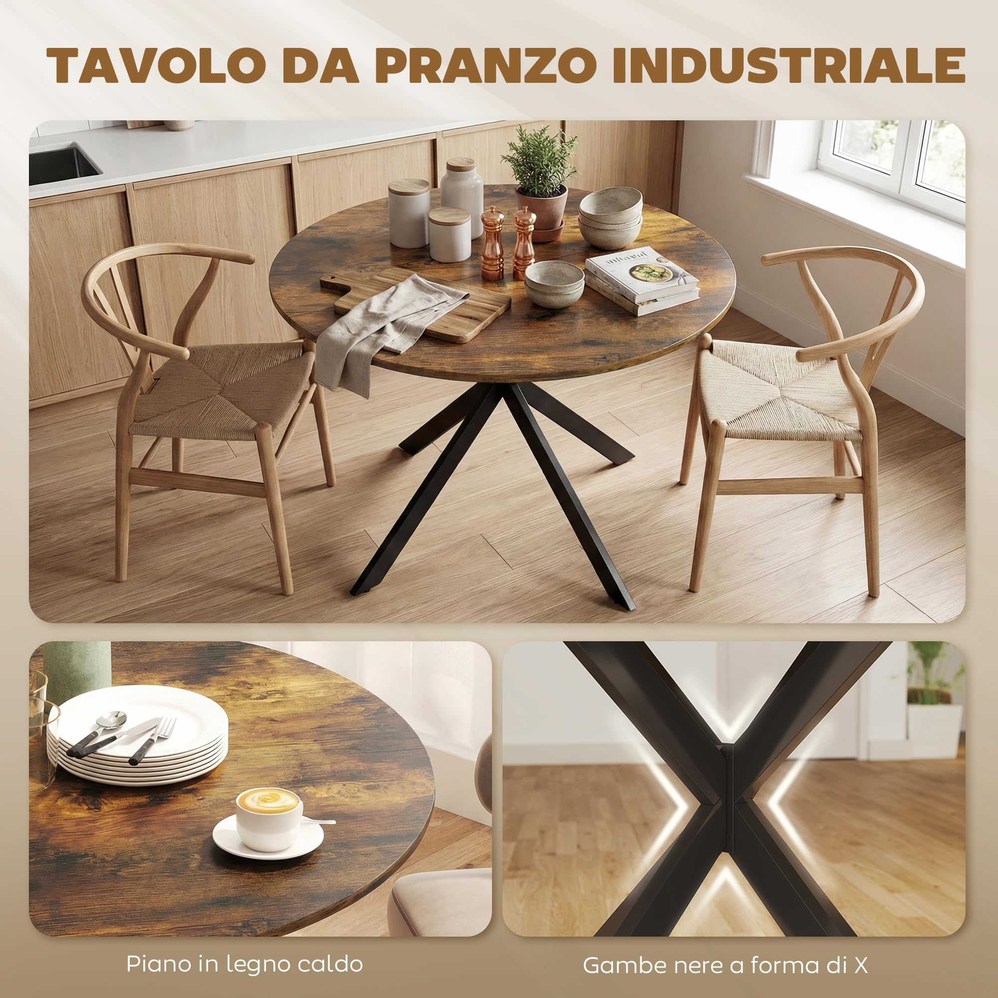 HOMCOM Tavolo da Pranzo Rotondo Ø100 cm per 4 Persone Marrone Rustico