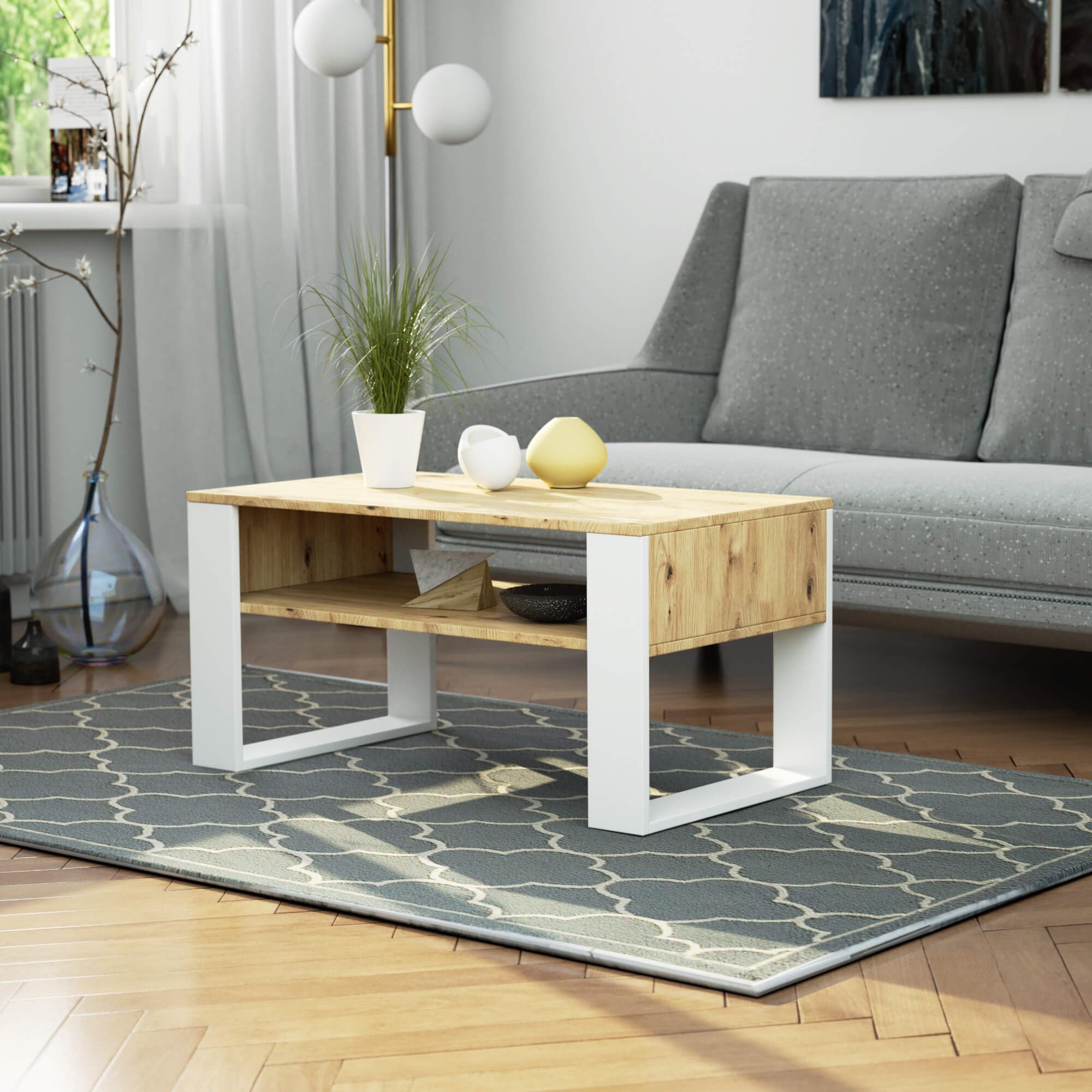 AKORD Mesa de Centro DOMI, Roble Artisan, 92 cm, Frontales Blancos Mate, 92x53x45 cm