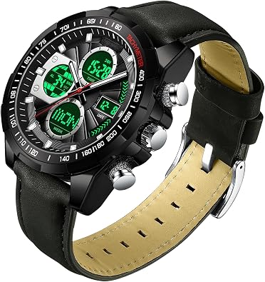 findtime Watches for Men Gold Digital Analog Mens Watch with Countdown Alarm Three Time Zone Waterproof Classic Business Wristwatch Leather Strap