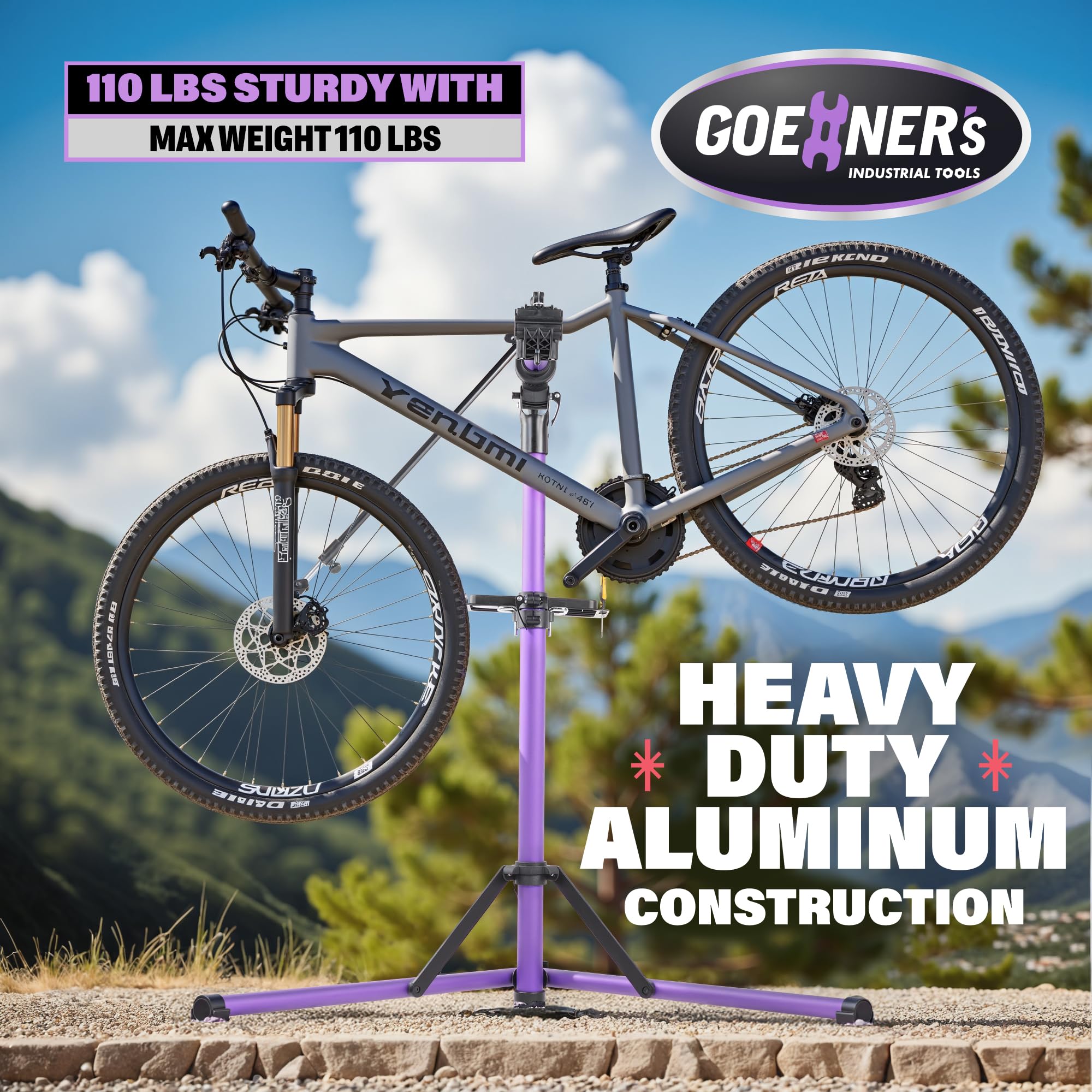GOEHNER's Upgrade EBike Repair Stand (Max 110 lbs) – Portable Aluminum Bicycle Workstand for Electric, Mountain, and Road Bikes, Purple