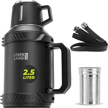 LEBENLANG Thermosflasche 25 Liter - 24h Heiß & Inkl. Becher & Teesieb Trinkflasche Thermobecher 2 5 Liter Thermoskanne I Tragegurt I Getränkeflasche Edelstahl Termoflaschen Isolierflasche Thermo