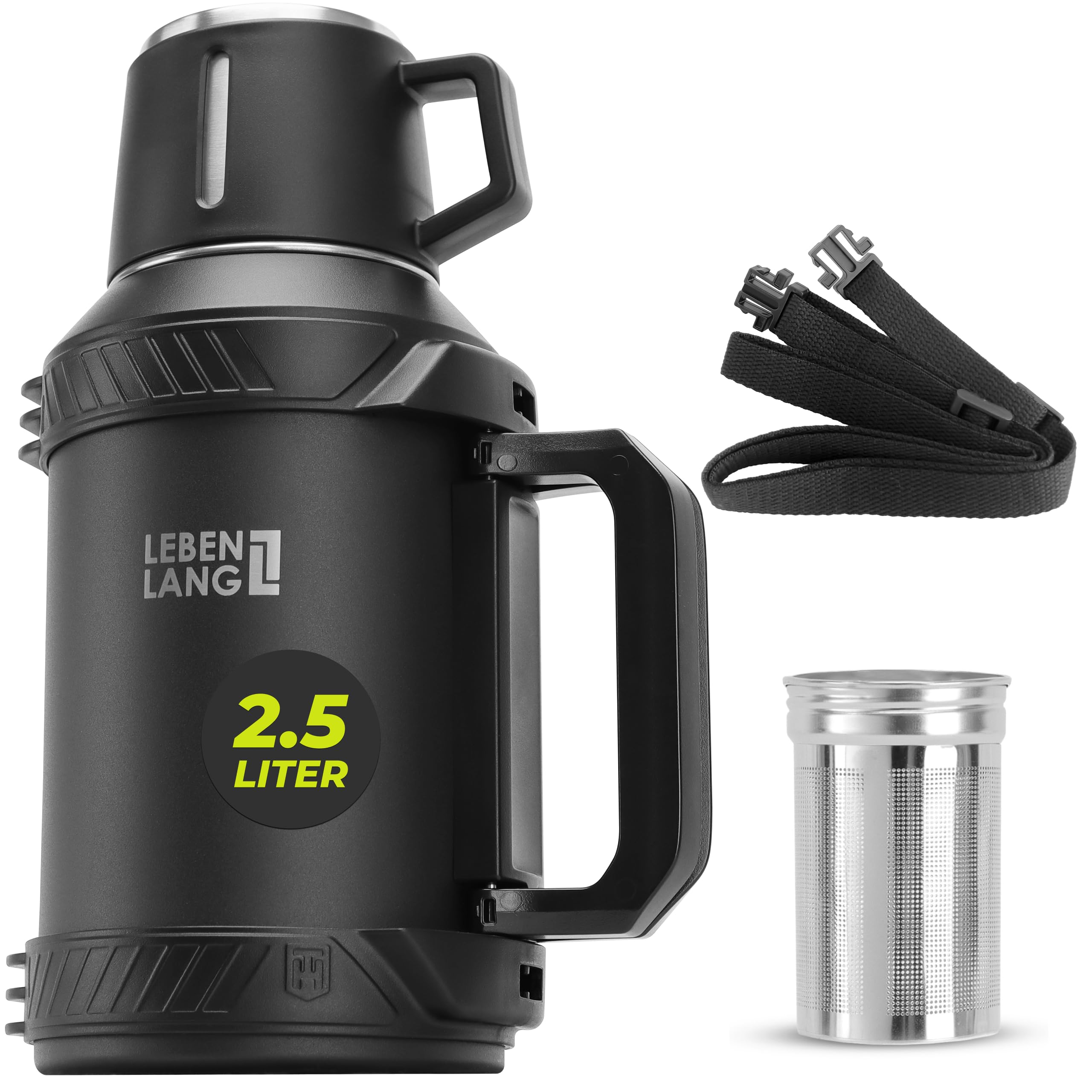 LEBENLANG Thermosflasche 2,5 Liter - 24h Heiß & Inkl. Becher & Teesieb | Trinkflasche Thermobecher 2 5 Liter Thermoskanne I Tragegurt I Getränkeflasche Edelstahl Termoflaschen Isolierflasche Thermo
