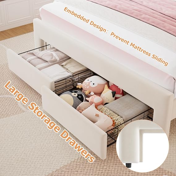 Full Upholstered LED Bed Frame with 2 Storage Drawers and Adjustable Chic Double Wavy Headboard, Velvet Princess Platform Bed with Charing Station, Solid Wood Slats Support,No Box Spring Needed,Beige