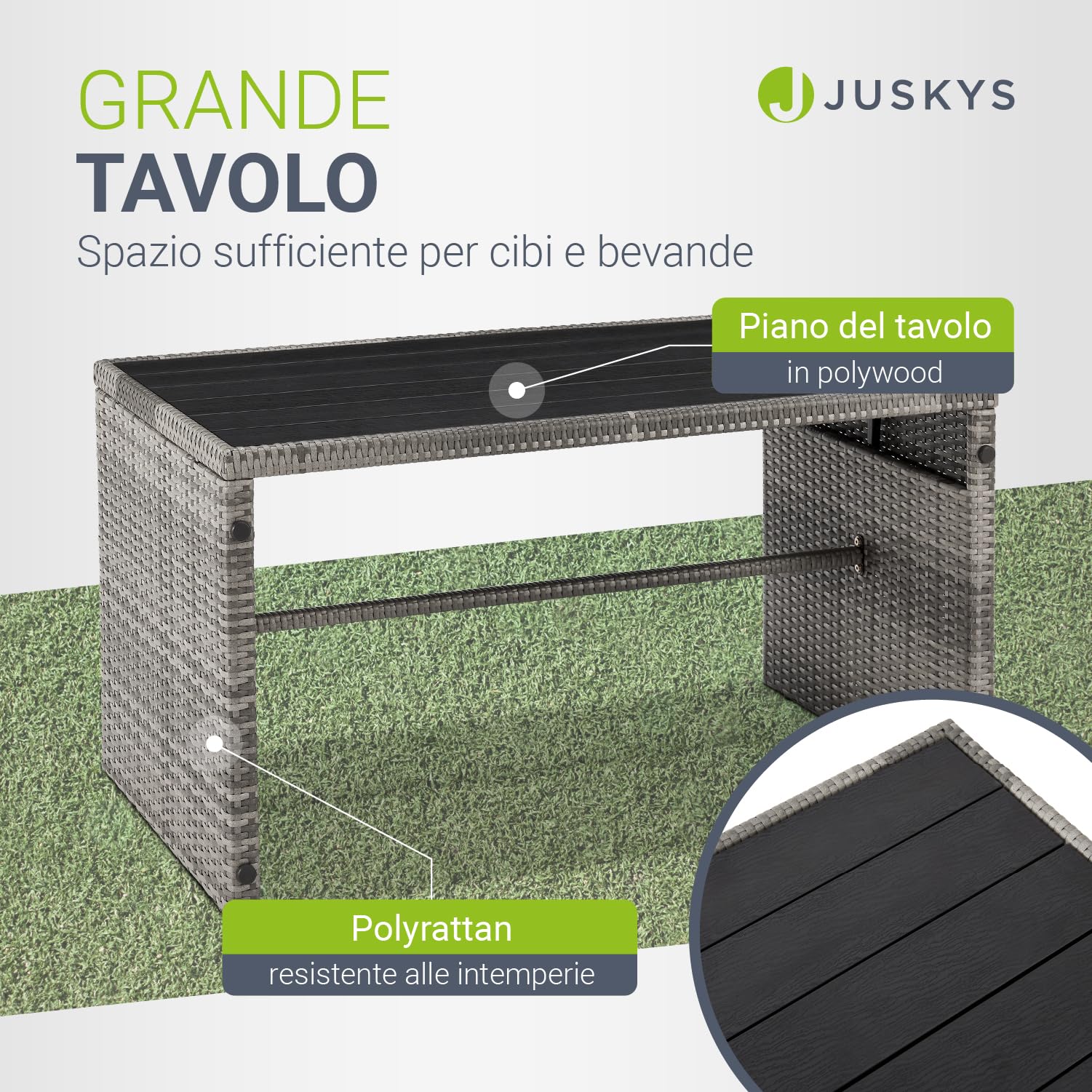 Juskys 2in1 Set di mobili da giardino relax in polyrattan Jamaika - Tavolo, divano da giardino - Salottino per balcone, giardino - Lounge da esterno grigio