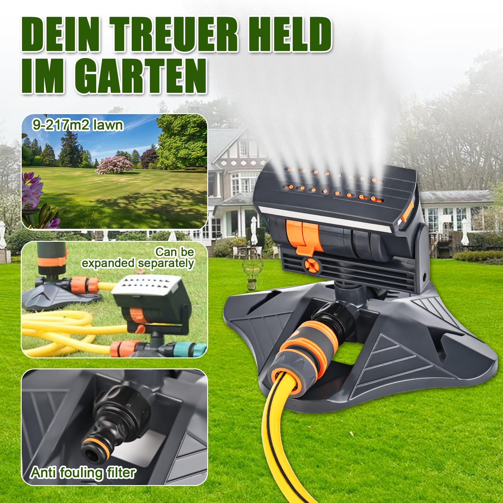 Arroseur de pelouse à 16 buses pour arrosage du jardin, 4 modes, oscillation automatique, arroseur carré pour l'irrigation, arroseur pour pelouses et surfaces, système d'irrigation, arroseur