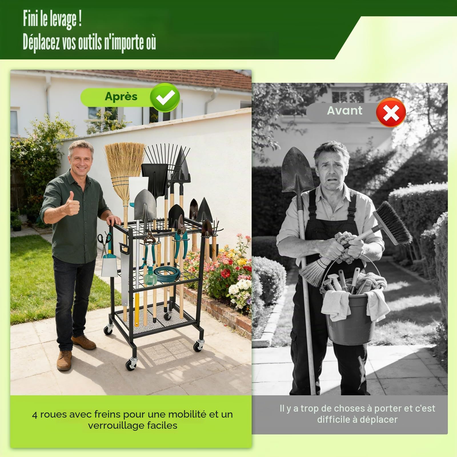 Support pour outils de jardin debout avec roulettes, 2 crochets amovibles et 9 crochets fixes, rangement d'outils de jardin jusqu'à 35 outils pour pelle, houe et fourche, atelier, garage et