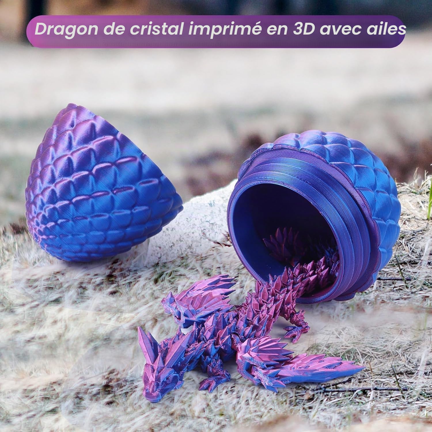 Oeuf De Dragon Imprimé 3D – 40 Cm – Dragon Articulé Et Flexible – Ailes Réglables – Laser Violet – Décoration Et Collection