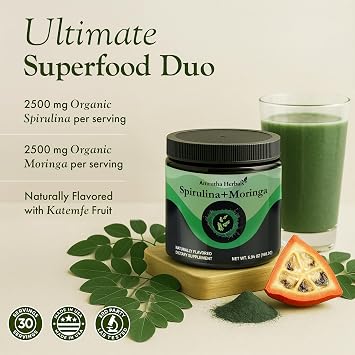 Organic Spirulina + Organic Moringa Greens Powder, Gluten-Free, Vegan Friendly, Detox & Digest, Superfoods 30 Servings Made in USA