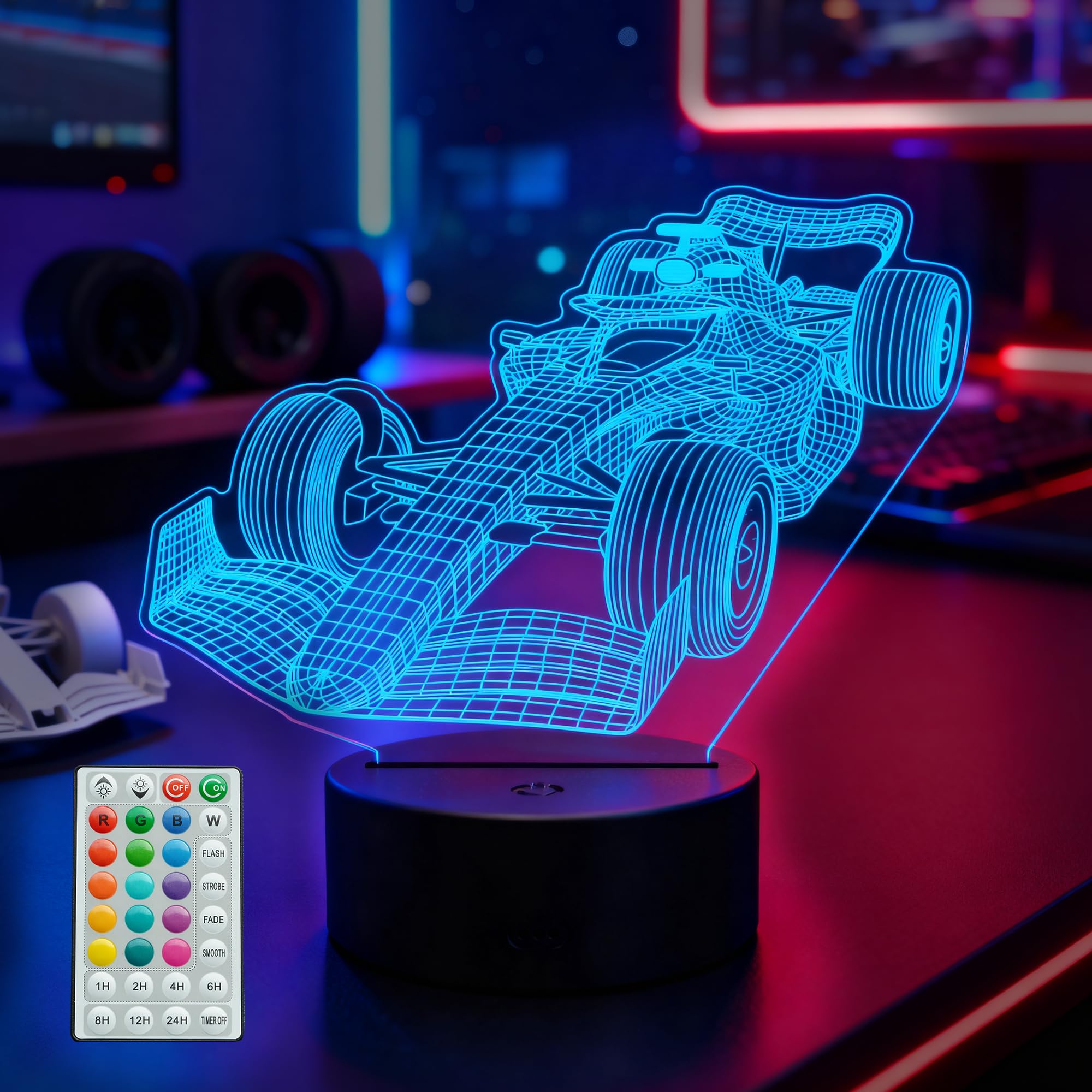 Race Car Night Light, Formula Car Gifts, 3D Illusion Lamp with Remote Control, 16 RGB Colors, 4 Flashing Modes, Timer, Dimmable, Men Boy Racing Car Gifts Room Decoration for Holiday Birthday Christmas